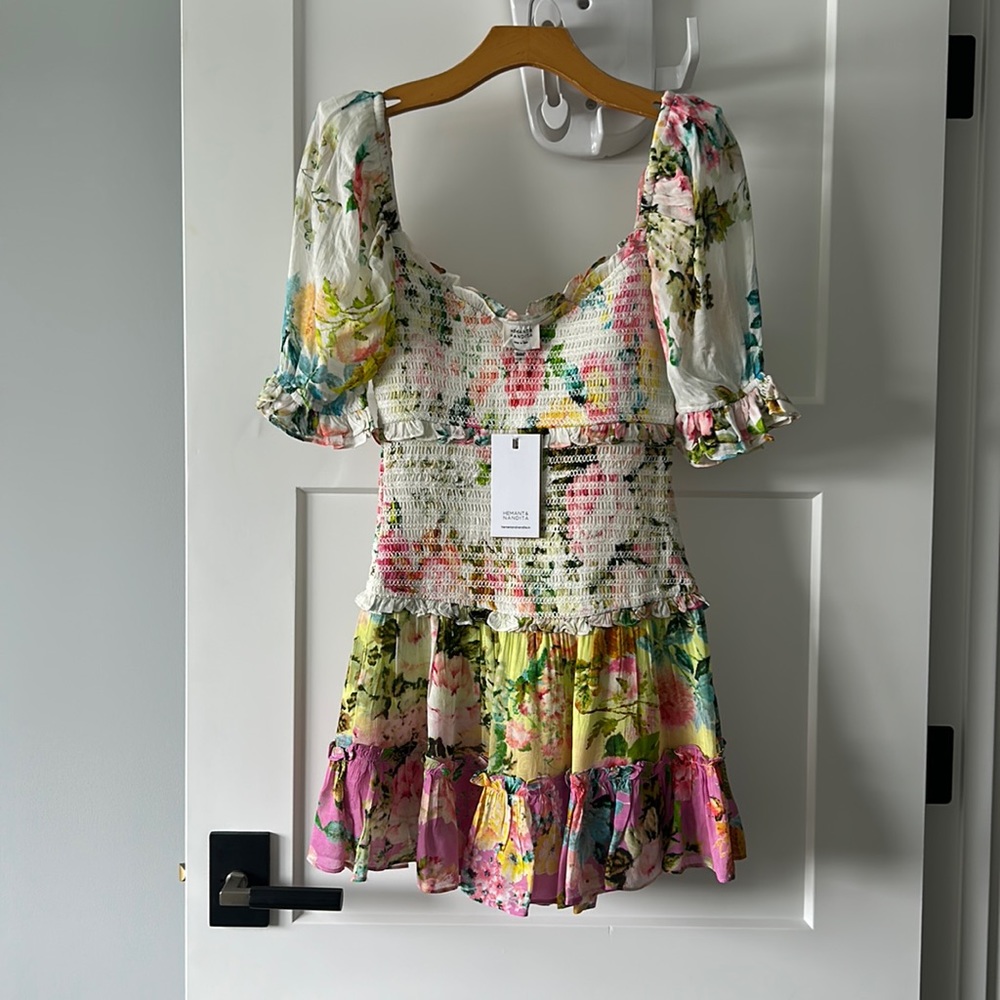 Hemant & Nandita Floral smocked dress SMALL New With Tags